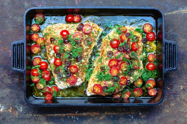 MediterraneanStyle Baked Grouper with Tomatoes and Olives Recipe