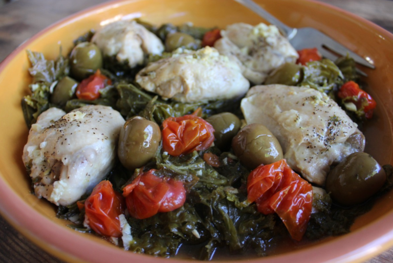 Instant Pot Chicken with Lemony Mustard Greens and Olives Recipe