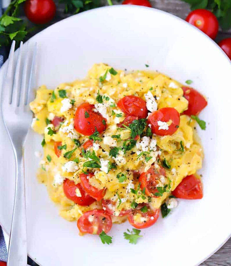 Olive Oil Scrambled Eggs with Feta and Tomatoes