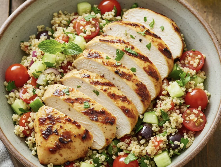 Whole Foods Greek Chicken Recipe with quinoa and fresh salad
